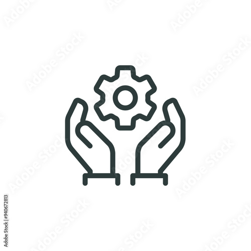 Outline icon easy operation process, maintenance customize, engineering. Line sign two human hands holding a gear, cogwheel. Vector isolated pictogram for web on white background editable stroke.
