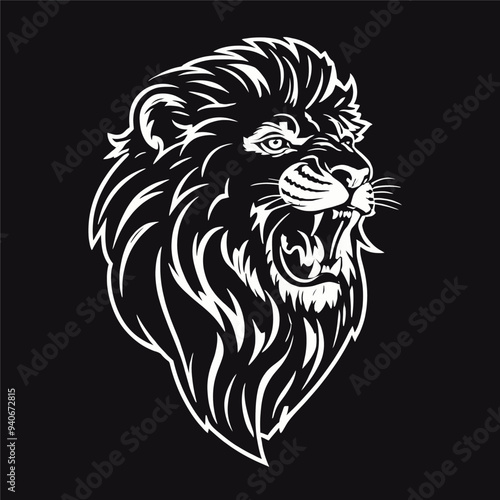 Lion's Roar: A Graphic Design of a Lion'S Head in Black and White