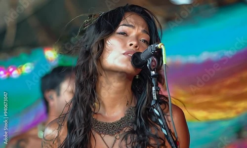 A young woman with long, dark hair sings into a microphone while performing on stage She wears a bohemian-style top and multiple necklaces.