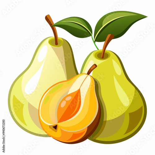 Two Whole Pears and a Sliced Pear with Green Leaves