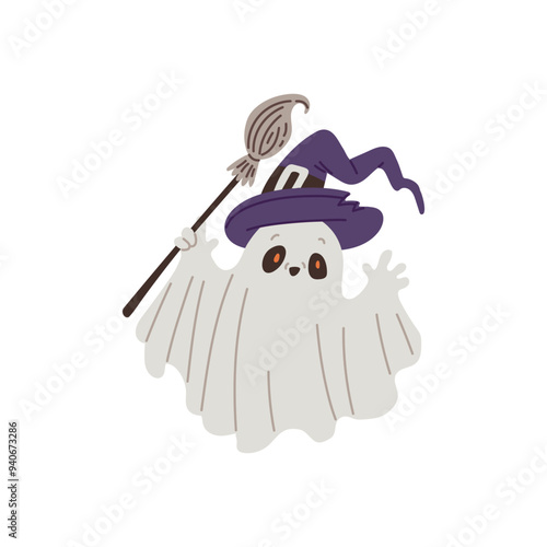 Vector illustrations for Halloween with ghosts in a witch's hat and with a broom photo