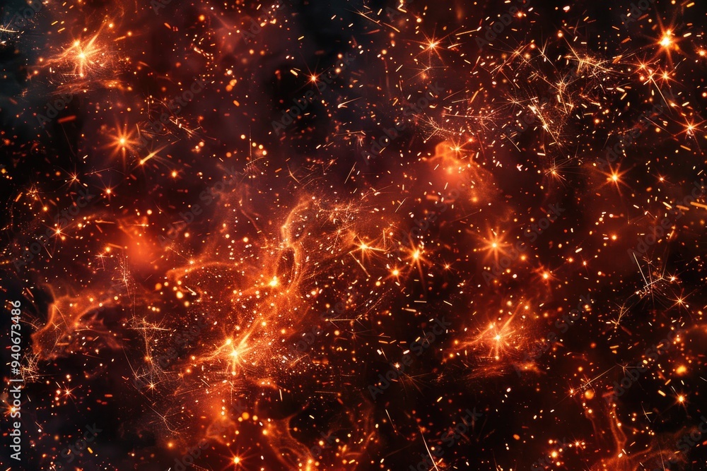Fiery sparks fly from large fire in 4k nighttime scene. Fiery sparks fly from large fire in 4k nighttime scene.
