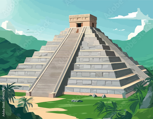 Mesoamerican Pyramid with Staircase and Temple Top