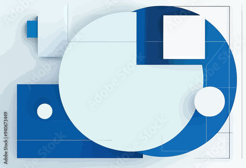 Modern Art Abstract Design with Blue and White Curves and Squares