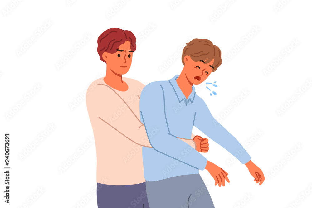 Man performs heimlich maneuver for choking friend, providing first aid to save human. Instructions for heimlich maneuver from guy rescuing patient at risk of dying due to blocked airway