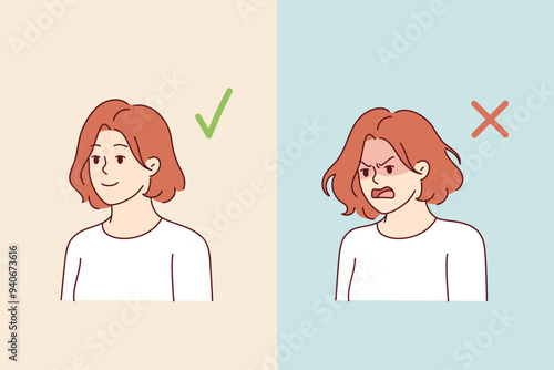 Woman with positive and negative grimace experiences sudden mood swings due to bipolar disorder. Problem of bipolar disorder in young girl who needs help of psychotherapist to restore mental health