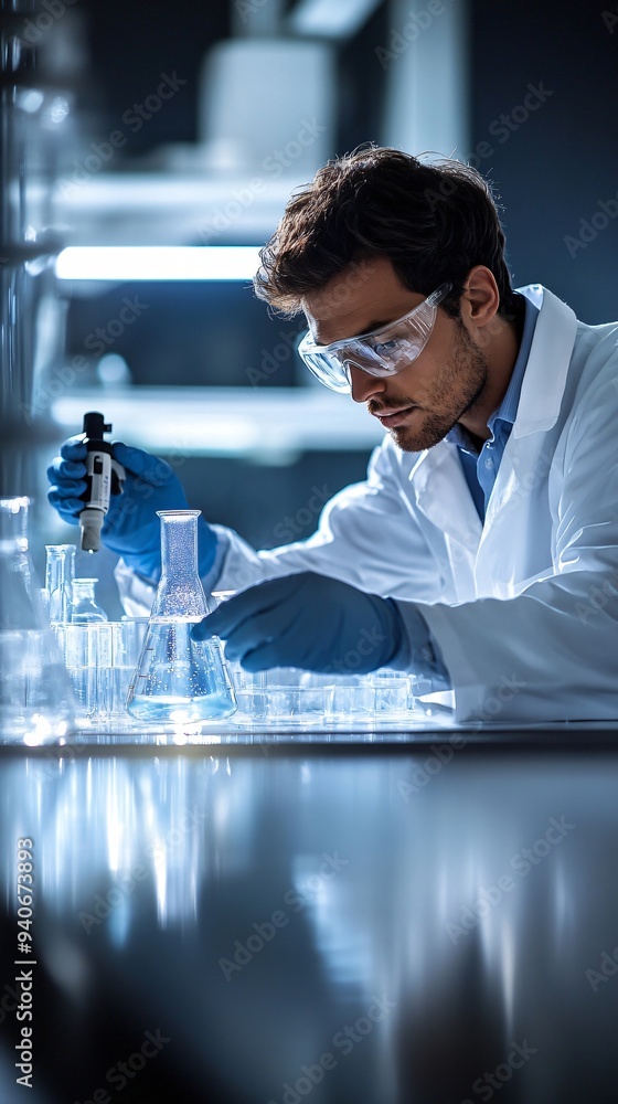 A water engineer in a laboratory testing water samples, with lab equipment and a light background A water engineer in a laboratory testing water samples, with lab equipment and a light background