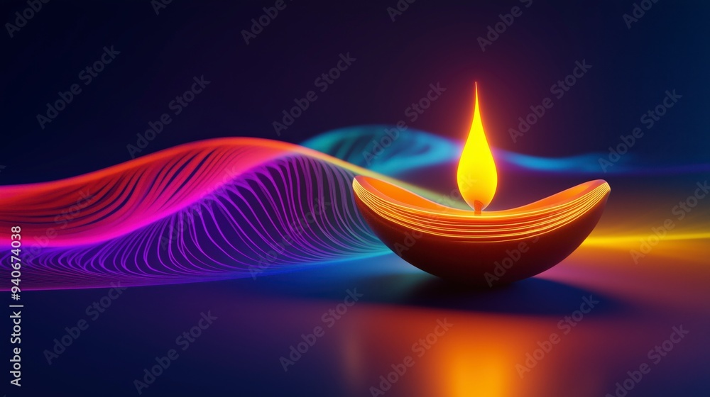 A glowing candle surrounded by colorful light waves, symbolizing warmth and tranquility. A glowing candle surrounded by colorful light waves, symbolizing warmth and tranquility.
