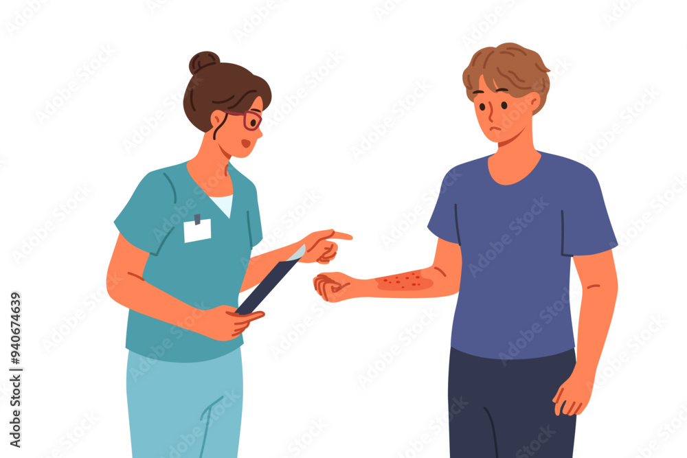 Man with allergy seen by doctor examining rash and redness of skin caused by influence of allergen. Guy with allergy to plant pollen or animal fur consults therapist talking about treatment methods Man with allergy seen by doctor examining rash and redness of skin caused by influence of allergen. Guy with allergy to plant pollen or animal fur consults therapist talking about treatment methods