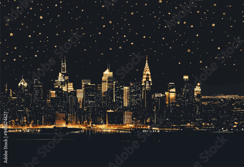 Nighttime Cityscape with Illuminated Buildings and Stars
