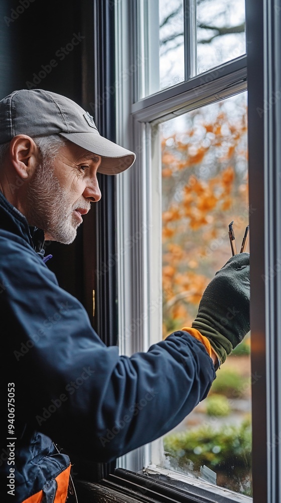 A weatherization technician sealing windows with weather stripping, demonstrating proper techniques for energy conservation A weatherization technician sealing windows with weather stripping, demonstrating proper techniques for energy conservation