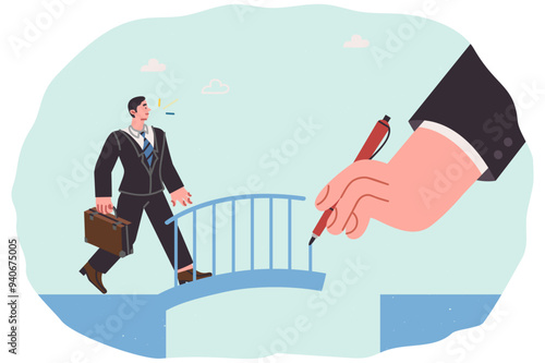 Patron helps business man to overcome obstacle on path to success and draws bridge over precipice