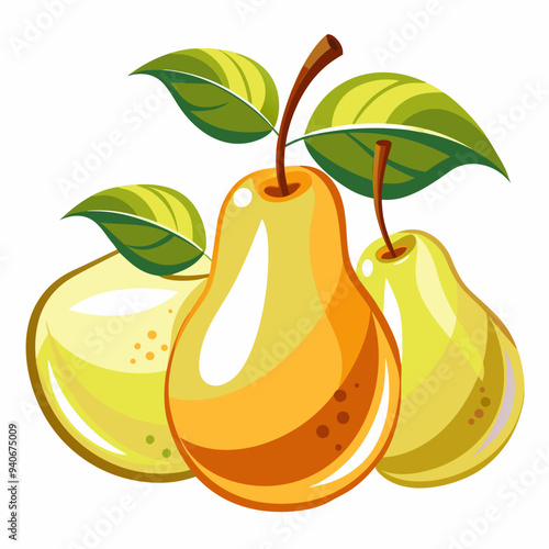 Three Ripe Pears With Green Leaves
