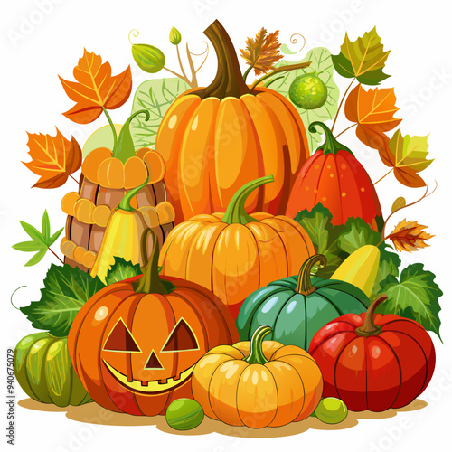 A Colorful Assortment of Pumpkins and Gourds with Autumn Leaves