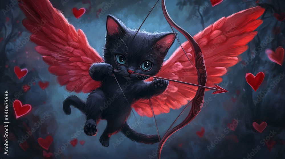 Funny black cat cupid with bow and wings, flying and aiming his arrow. Valentine's Day card Funny black cat cupid with bow and wings, flying and aiming his arrow. Valentine's Day card