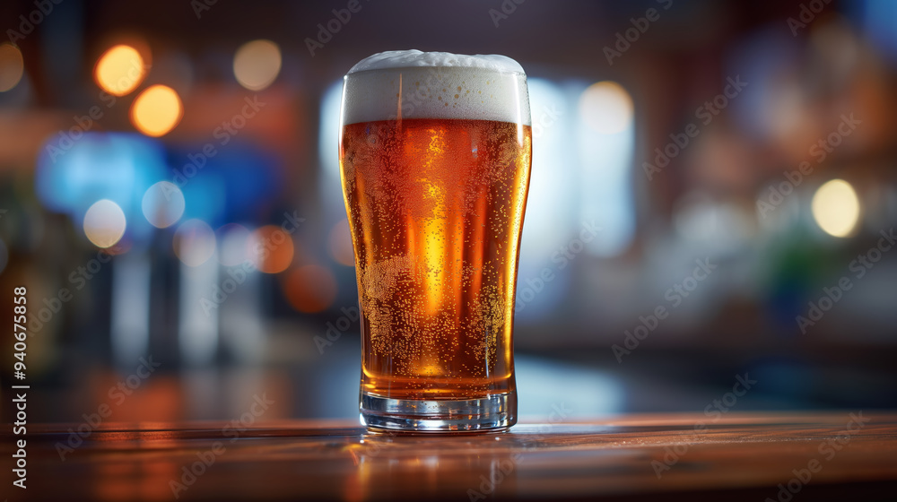 A close-up of a craft beer pint in a warm, ambient setting with soft bokeh background, highlighting the rich amber color and frothy foam A close-up of a craft beer pint in a warm, ambient setting with soft bokeh background, highlighting the rich amber color and frothy foam