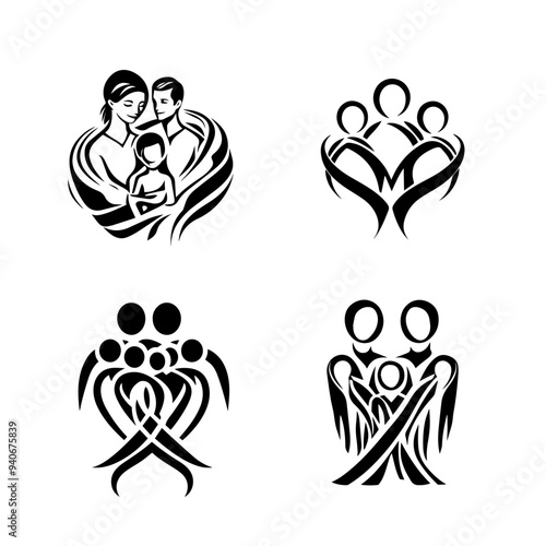 black and white vector illustration of icons around world cancer day