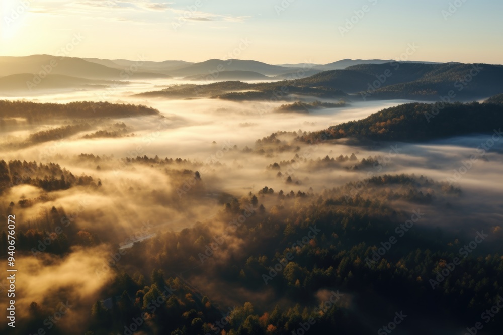 Drone view of sun rising over fog shrouded welzheim forest Drone view of sun rising over fog shrouded welzheim forest