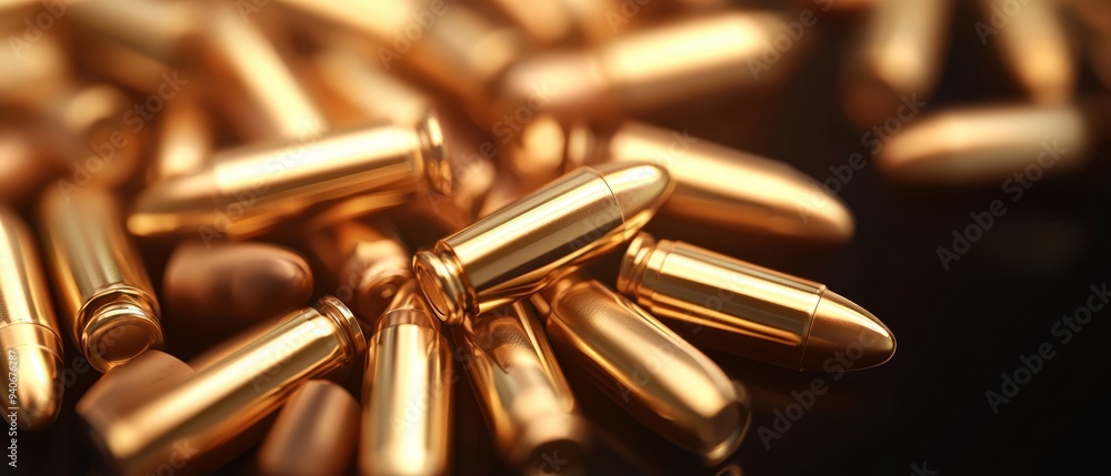A tight shot of golden bullet casings against a black backdrop The casings are in sharp focus, with one casing displayed prominently A tight shot of golden bullet casings against a black backdrop The casings are in sharp focus, with one casing displayed prominently