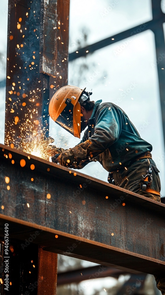 A professional welder working on a large steel structure, showcasing the intricate details of the welding process A professional welder working on a large steel structure, showcasing the intricate details of the welding process