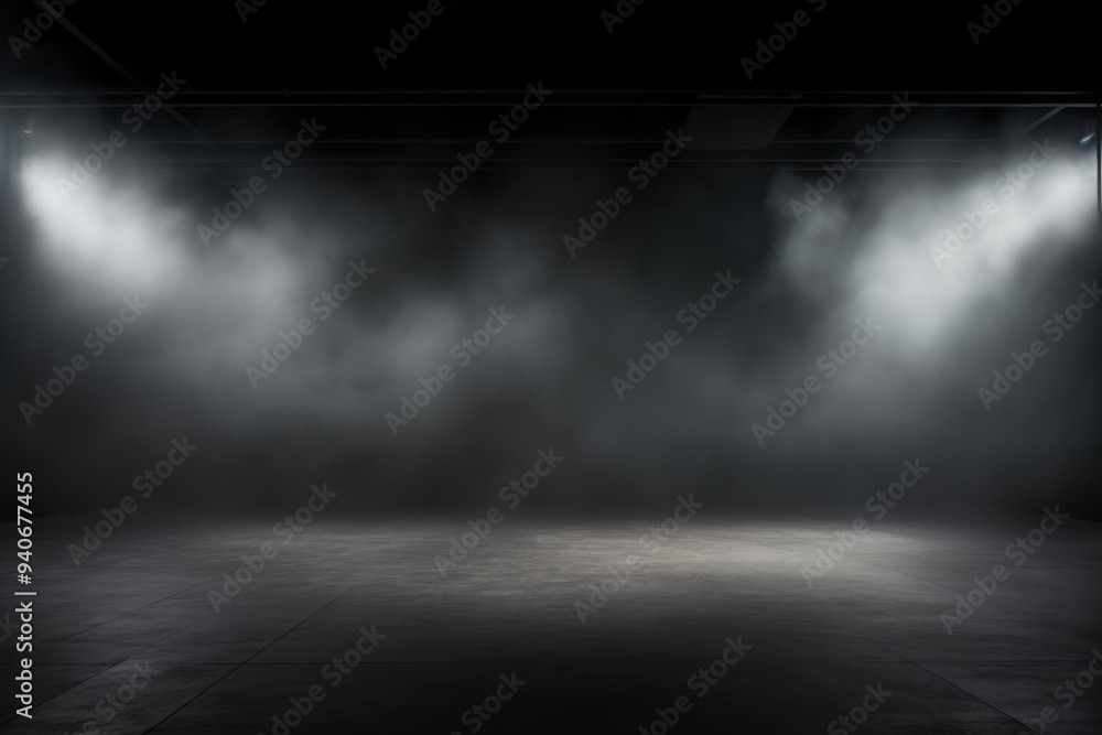 Empty space studio dark room with spot lighting and fog in black background. Empty space studio dark room with spot lighting and fog in black background.