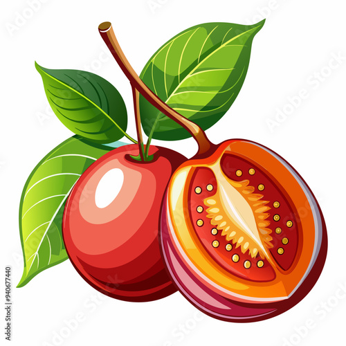 Whole and Sliced Tamarillo Fruit with Green Leaves