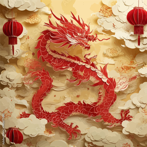 Red Dragon Artwork: Chinese New Year Decoration with Paper Cutouts and Lanterns photo