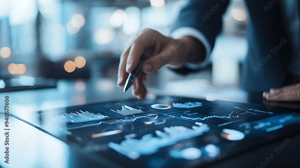 A professional analyzing data on a digital touchscreen interface. A professional analyzing data on a digital touchscreen interface.
