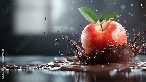 Apple splashing into rich chocolate, with high-detail droplets captured. photo