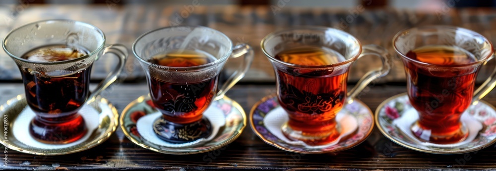 Four Cups of Tea on Wooden Table Four Cups of Tea on Wooden Table