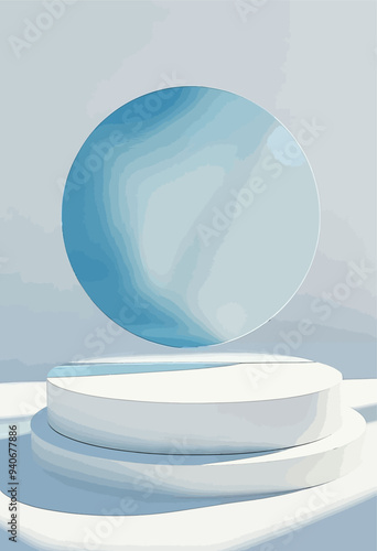 Reflective Oval Sculpture on White Platforms