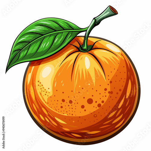 A Single Orange with a Green Leaf and Stem