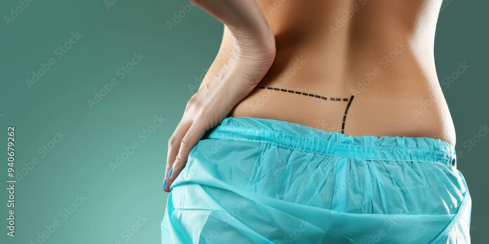 A woman preparing for hip plastic surgery in a clinical setting, showcasing marked areas for procedure A woman preparing for hip plastic surgery in a clinical setting, showcasing marked areas for procedure