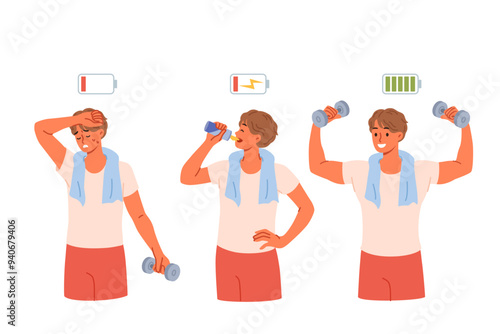 Exhausted athlete drinks energy drink and lifts heavy dumbbells, thanks to effectiveness of taurine. Tired guy working out in fitness club using energy drink to replenish strength.