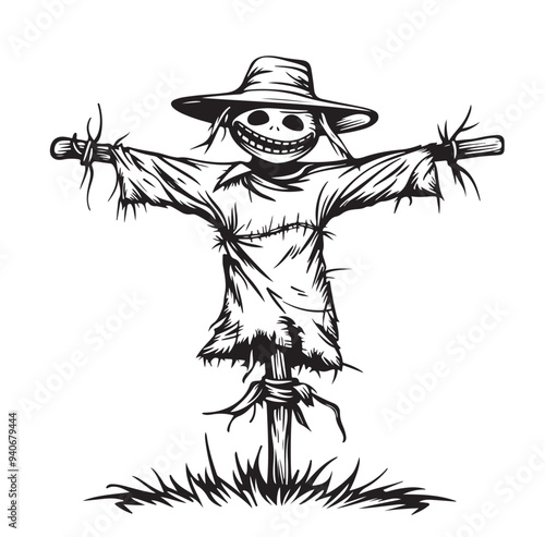 Vector illustration of a garden scarecrow in engraving style