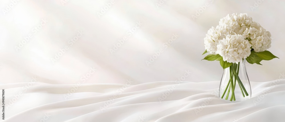 A vase holding white flowers sits atop a bed with a white-cloth-covered bedding, concealed under a single white blanket A vase holding white flowers sits atop a bed with a white-cloth-covered bedding, concealed under a single white blanket