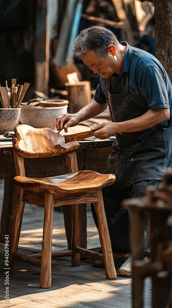 A woodworker applying varnish to a handcrafted wooden chair, showcasing the craftsmanship in a minimalist setting A woodworker applying varnish to a handcrafted wooden chair, showcasing the craftsmanship in a minimalist setting