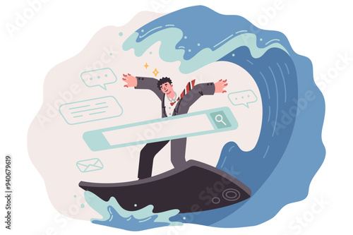 Man is engaged in digital surfing using mobile gadget, riding waves on smartphone