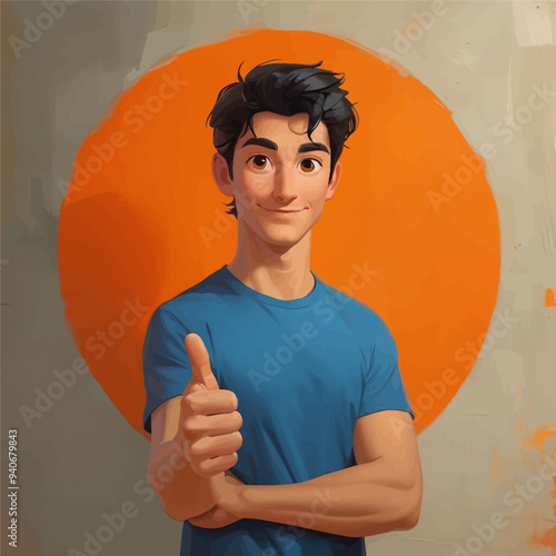 Smiling Male Character with Thumbs Up, Orange Circle Background