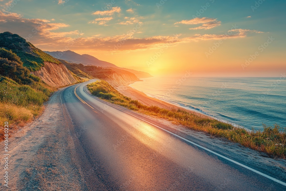 road landscape on summer in sunset. highway landscape at colorful sunset. Road view on the beach in summertime. colorful seascape with beautiful road scenery. Highway view on beach for vacation , ai road landscape on summer in sunset. highway landscape at colorful sunset. Road view on the beach in summertime. colorful seascape with beautiful road scenery. Highway view on beach for vacation , ai
