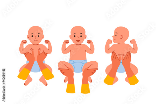 Children massage for baby from chiropractor who helps newborn get rid of spinal curvature. Hands of pediatrician doing baby massage to prevent osteochondrosis and improve immunity.