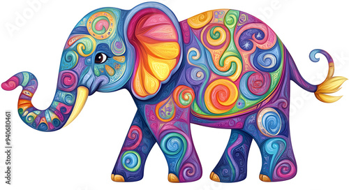 "Colorful Cartoon Elephant with Vibrant Swirls on a White Background, Featuring Playful and Whimsical Design Elements"