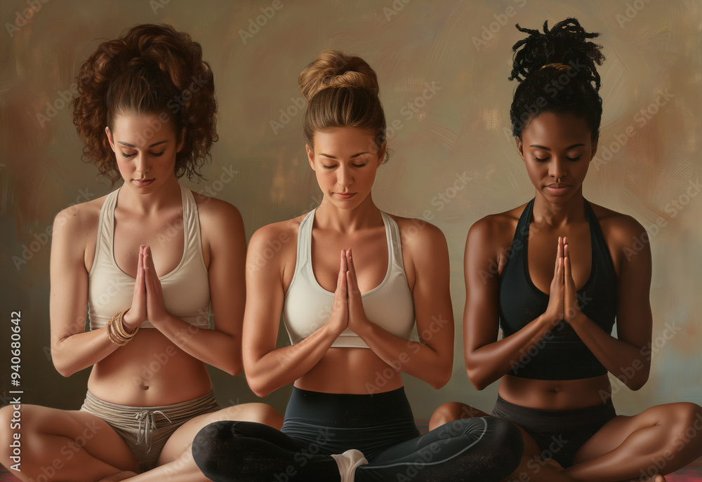 Diverse Group of Women Practicing Yoga in a Serene Studio Setting with Focused Expressions Diverse Group of Women Practicing Yoga in a Serene Studio Setting with Focused Expressions