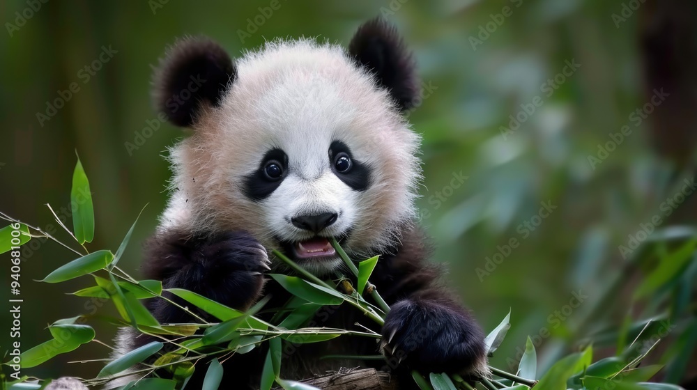 Giant Chinese panda eating bamboo in asian tropical forest, natural habitat. Endangered rare species animals, red book. Hungry cute adorable black and white bear close up. Wild nature. Giant Chinese panda eating bamboo in asian tropical forest, natural habitat. Endangered rare species animals, red book. Hungry cute adorable black and white bear close up. Wild nature.