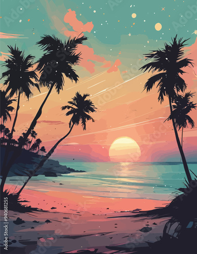 Sunset at the Beach: Palm Trees Silhouetted Against a Vibrant Sky