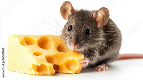 A rat and cheese, isolated on white background photo