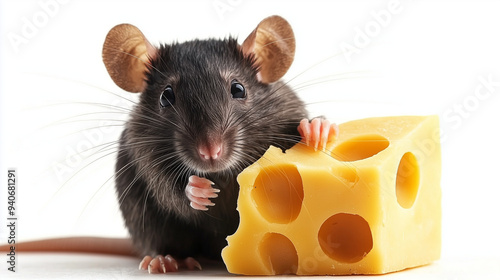 A rat and cheese, isolated on white background photo