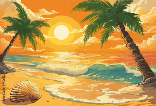 Sunset at the beach with palm trees and waves