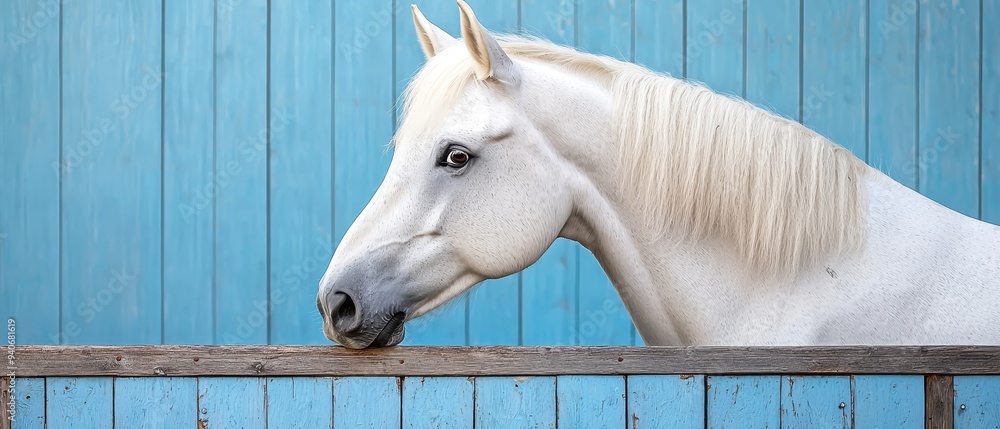 Fototapeta premium A white horse stands next to a blue wall, its head extended over a wooden fence, gazing beyond it