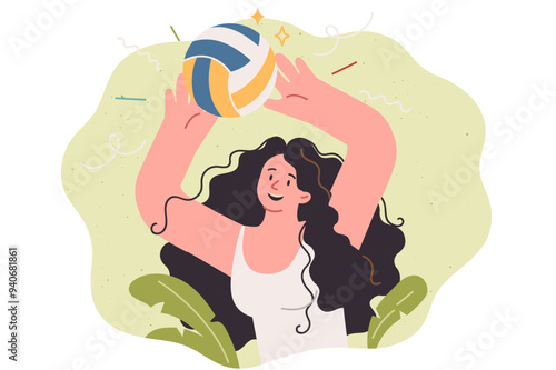 Woman plays volleyball by tossing ball and trying to score goal for opposing team